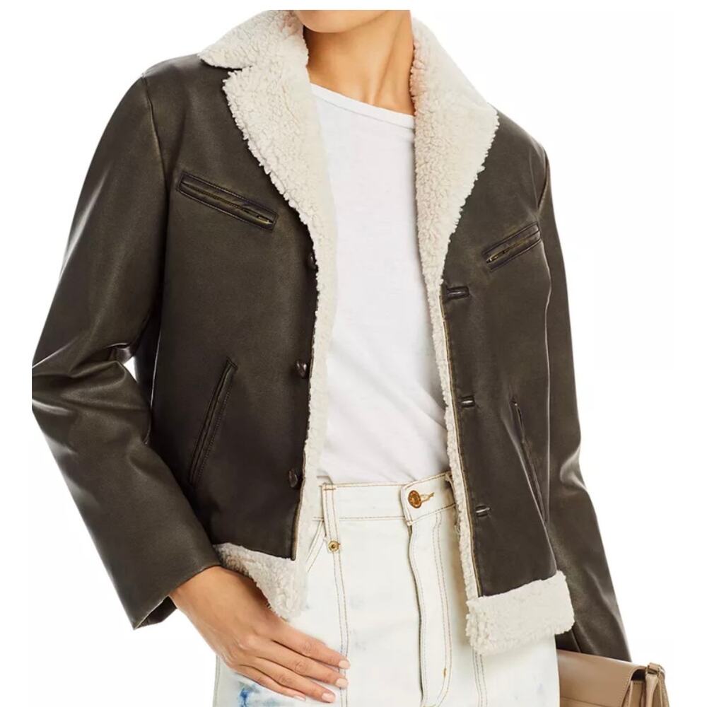 MOTHER The Mile High Aviator Jacket Size L NWT Brown Faux Leather Faux Sherpa